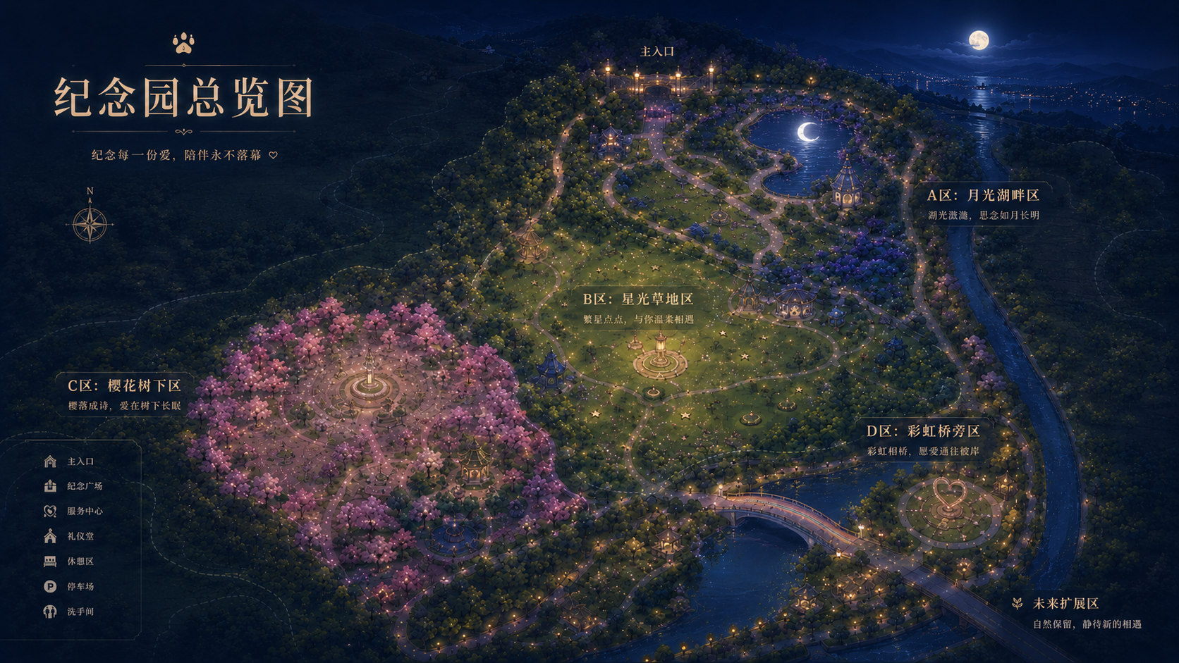 纪念园总览图，包含月光湖畔、星光草地、樱花树下和彩虹桥旁四个园区